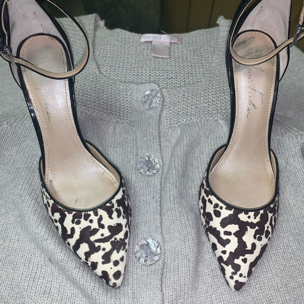 Woman designer heels size 7 cow animal fur material Stiello heel leather insole